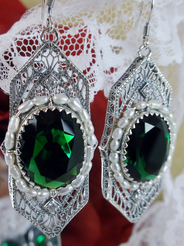 Art Deco Earrings, Emerald Green gem with seed pearls, vintage sterling silver filigree, with CZ insets 