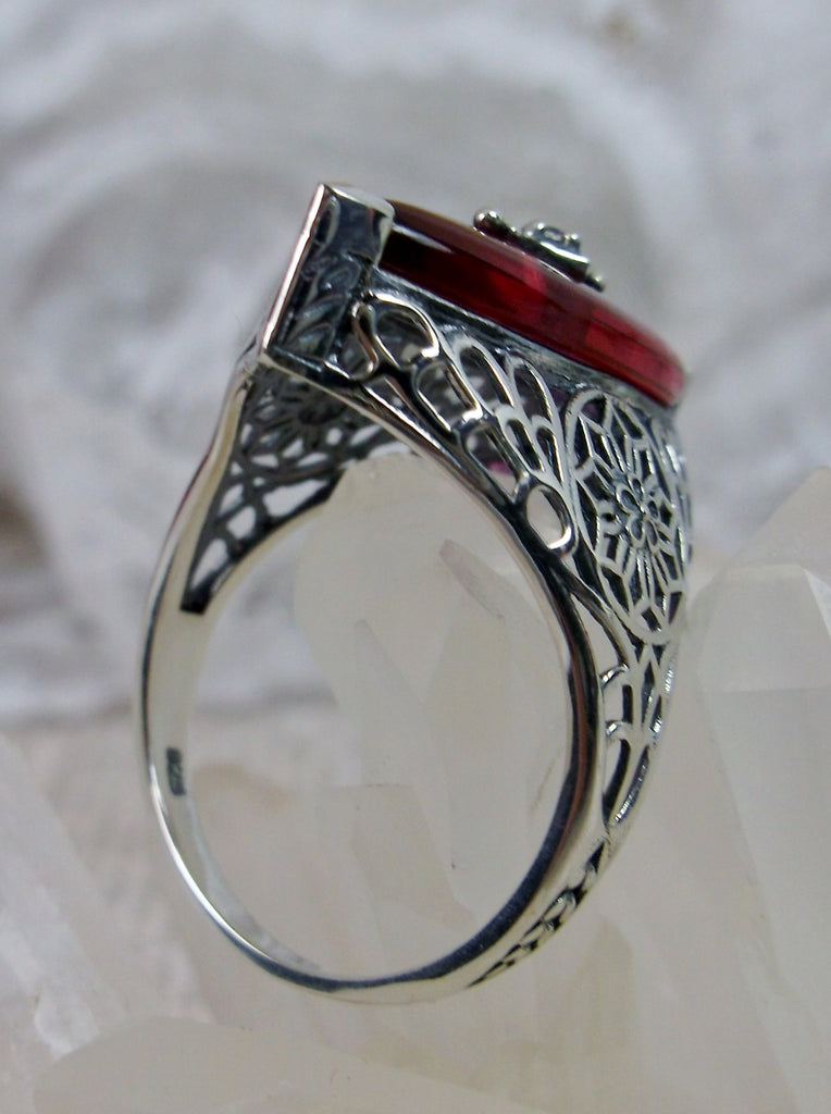 Pink Camphor Glass Ring, Marquise shape CZ inset gem, Edwardian Silver Filigree Jewelry
