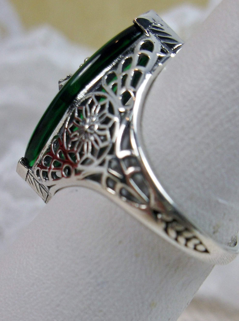 Emerald Green Camphor Glass Ring, Marquise shape CZ inset gem, Edwardian Silver Filigree Jewelry