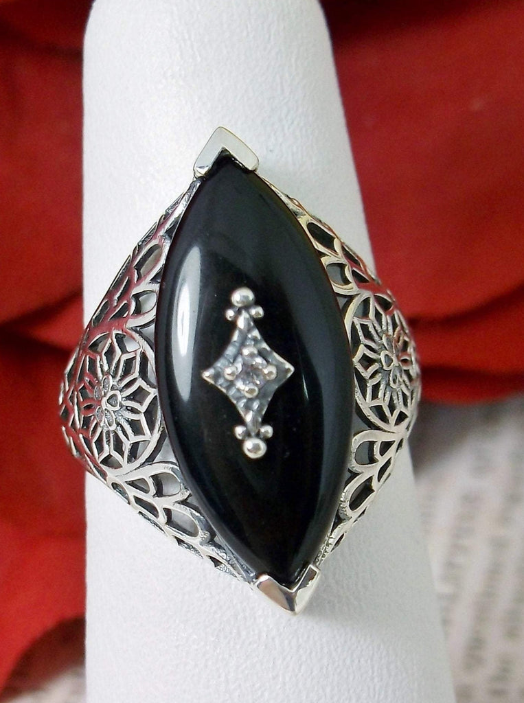 Black Camphor Glass Ring, Marquise shape CZ inset gem, Edwardian Silver Filigree Jewelry