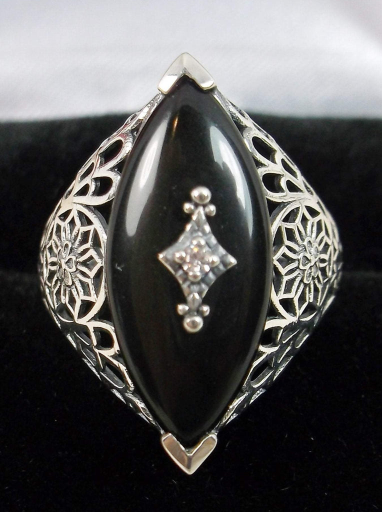 Black Camphor Glass Ring, Marquise shape CZ inset gem, Edwardian Silver Filigree Jewelry