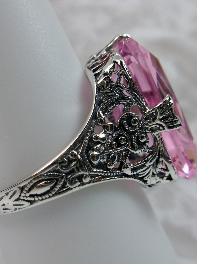 Pink Topaz Ring, Edwardian style, sterling silver filigree, with flared prong detail, Treasure design