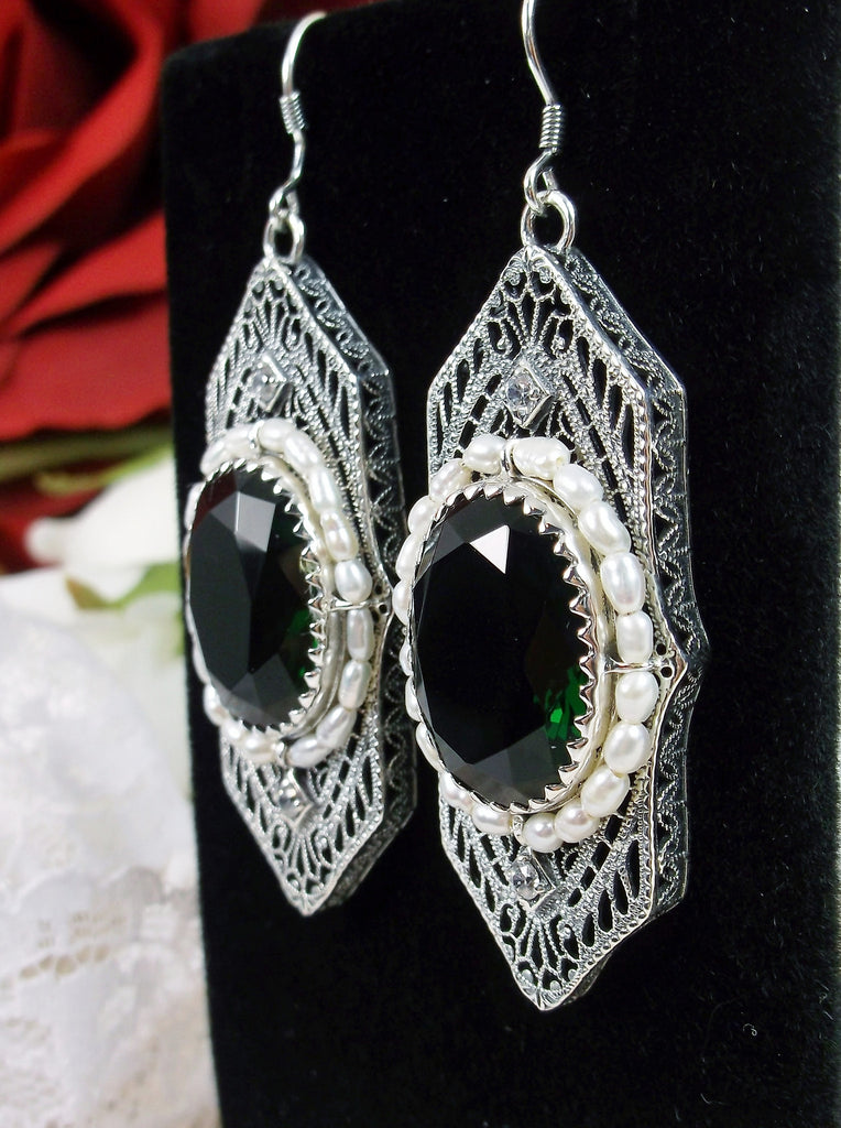 Art Deco Earrings, Emerald Green gem with seed pearls, vintage sterling silver filigree, with CZ insets