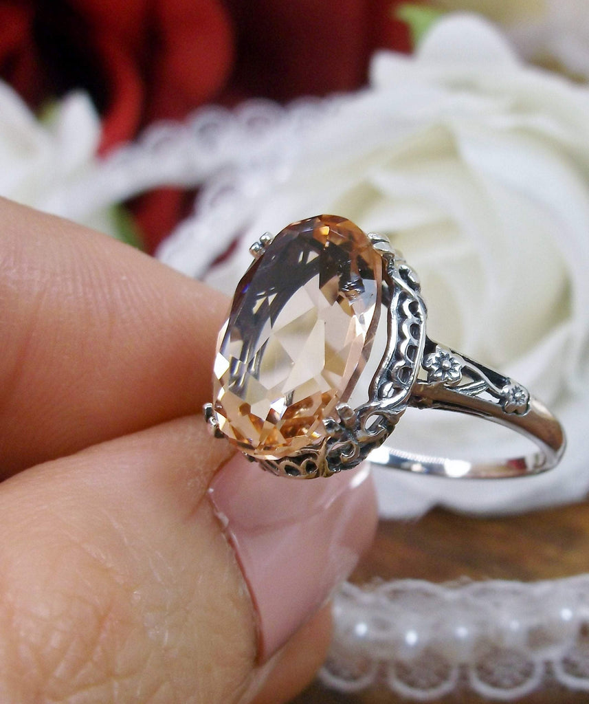 Peach Topaz ring,  Sterling Silver floral Filigree, Edward design #D70