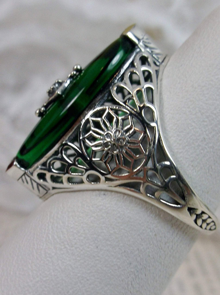 Emerald Green Camphor Glass Ring, Marquise shape CZ inset gem, Edwardian Silver Filigree Jewelry