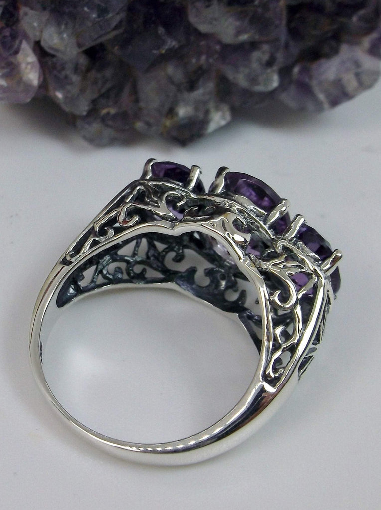 Natural Amethyst Ring, three stone, Sterling silver filigree, Art Deco jewelry