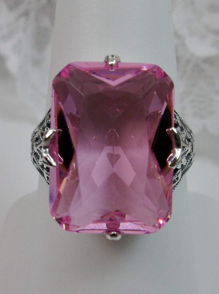 Pink Topaz Ring, Edwardian style, sterling silver filigree, with flared prong detail, Treasure design