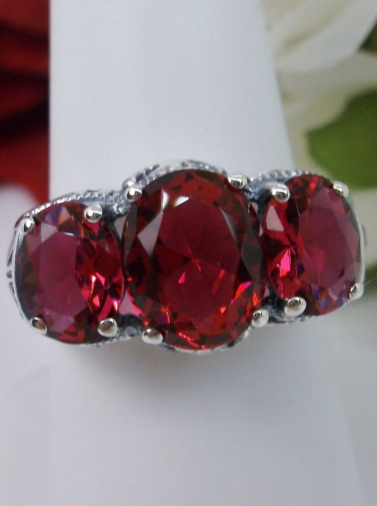 Ruby Ring, Red ruby Triple 3-Stone design, sterling silver filigree, Art Deco Jewelry