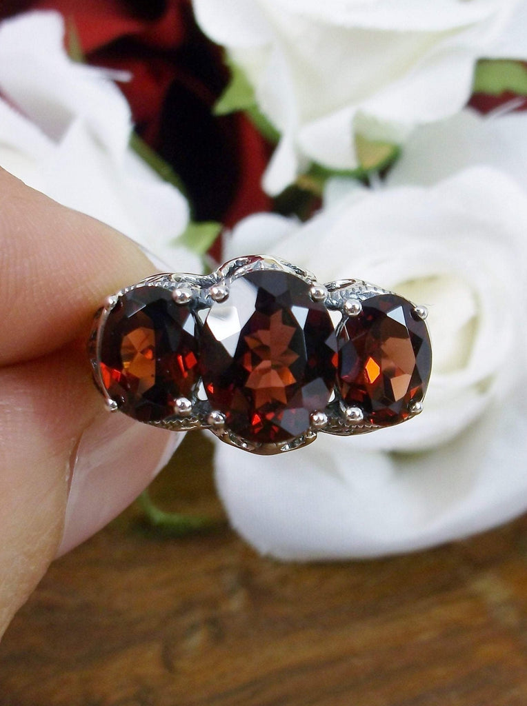Natural Garnet Ring, Red Garnet Triple 3-Stone design, sterling silver filigree, Art Deco Jewelry