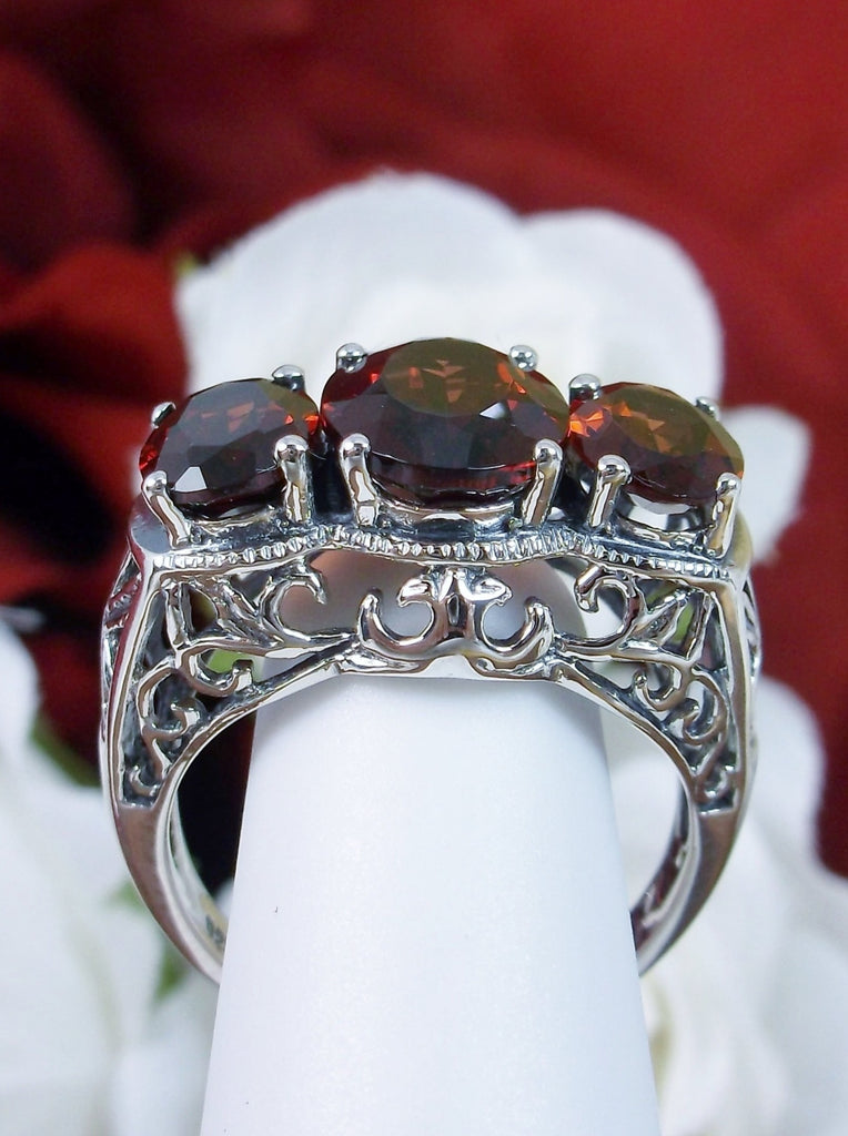 Natural Garnet Ring, Red Garnet Triple 3-Stone design, sterling silver filigree, Art Deco Jewelry
