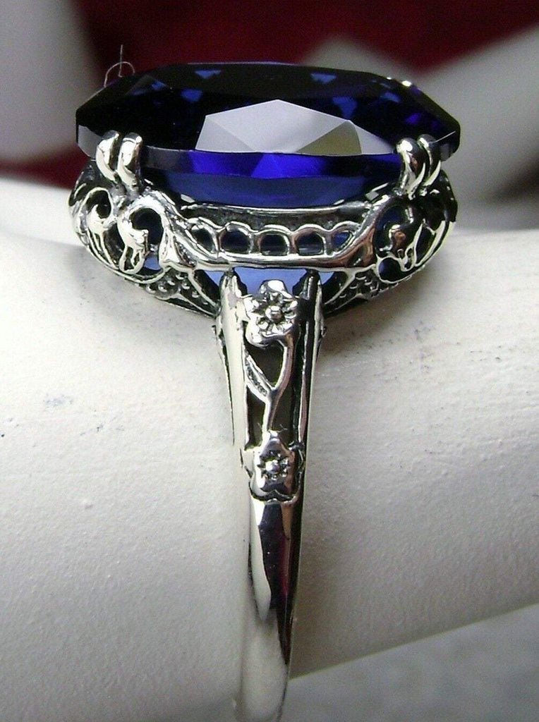 Blue Sapphire Ring, Sapphire Blue simulated oval faceted gemstone, sterling silver floral filigree, Edward design #D70