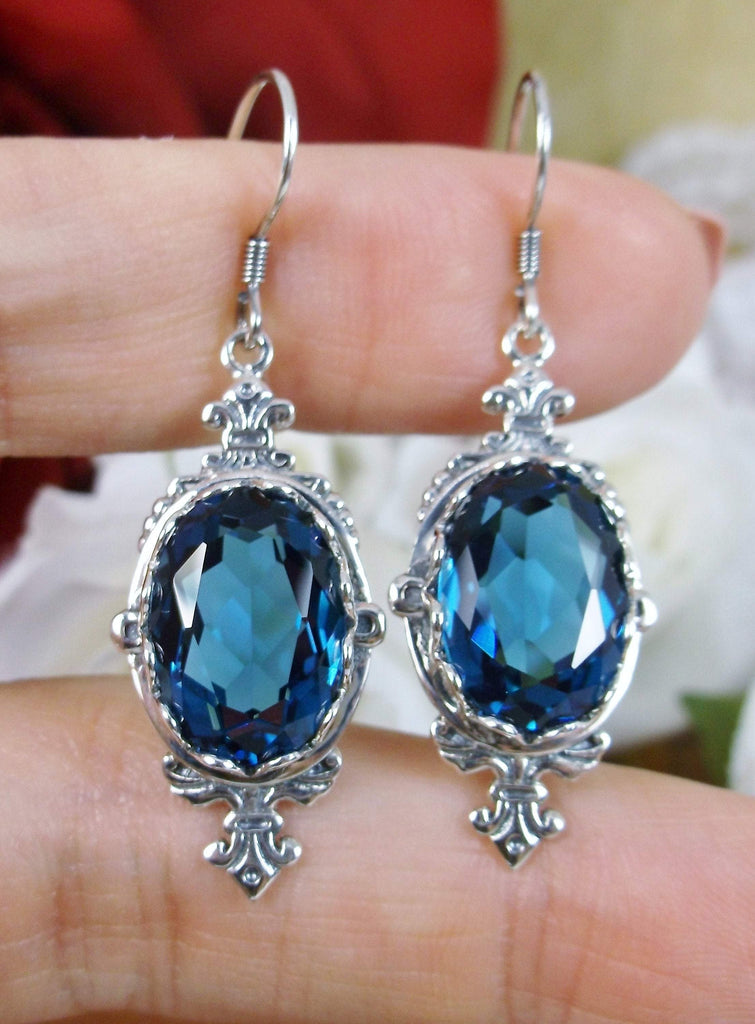 London Blue Topaz Earrings, Sterling Silver Filigree, Victorian Jewelry, Pin Design P18