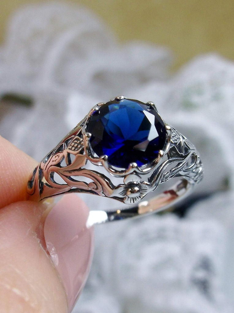 Blue Sapphire Ring, sterling silver floral filigree, daisy design #d66