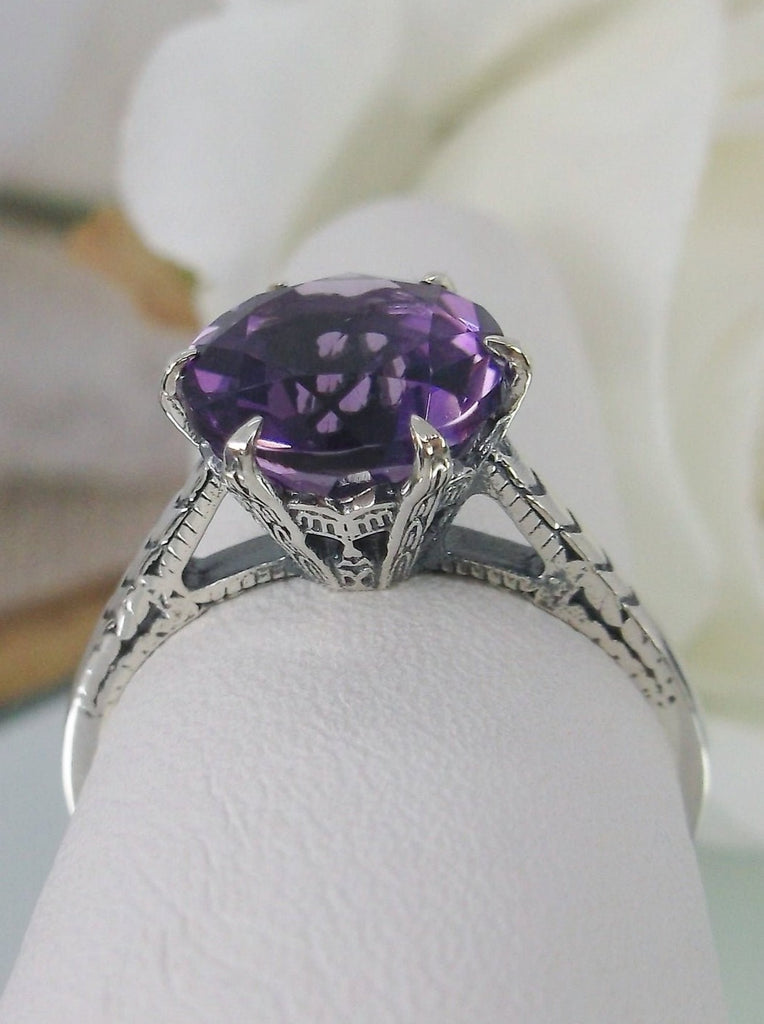 Amethyst Ring, Natural gemstone, classic solitaire, Victorian silver filigree 