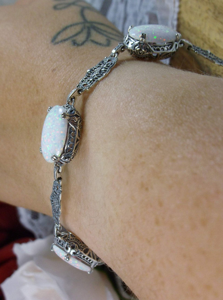 Opal Bracelet, sterling silver filigree, lobster claw clasp, Edwardian Jewelry