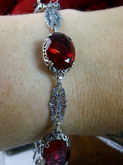 Ruby Red Bracelet, sterling silver filigree, oval gemstones, lobster claw clasp, Edwardian Jewelry