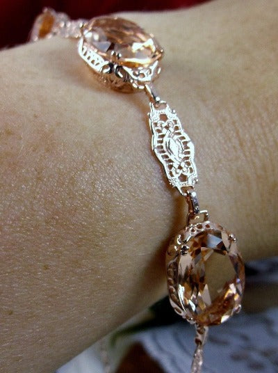 Peach Topaz Bracelet, Oval peach gemstones, Rose gold filigree, lobster claw clasp, Edwardian Jewelry
