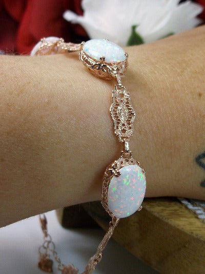 Opal Bracelet, oval gemstones, intricate Rose Gold filigree, lobster claw clasp Edwardian Style Jewelry