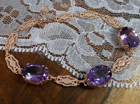 Natural Amethyst bracelet, oval purple amethyst, Edwardian style rose gold filigree, lobster claw clasp