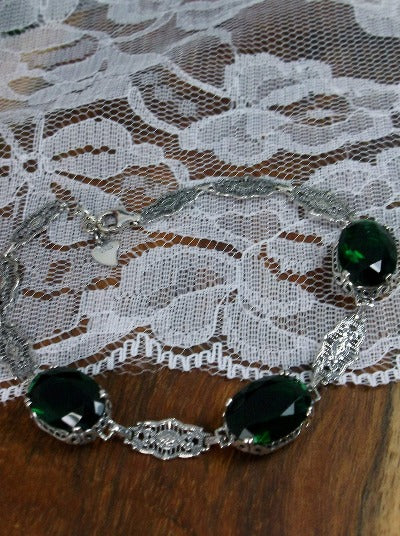 Emerald Green Edwardian style bracelet with silver filigree links and lobster claw clasp, Silver Embrace Jewelry