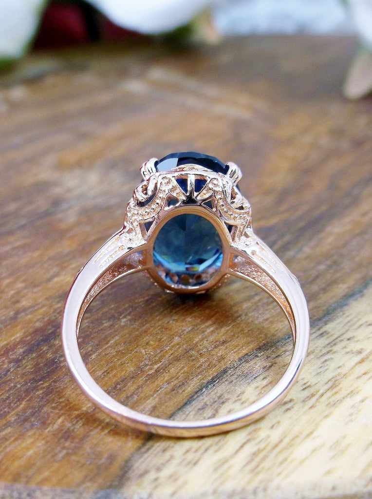 London Blue Topaz Ring,  6 carat oval faceted simulated gemstone, Rose Gold over Sterling Silver floral filigree, Edward design #D70