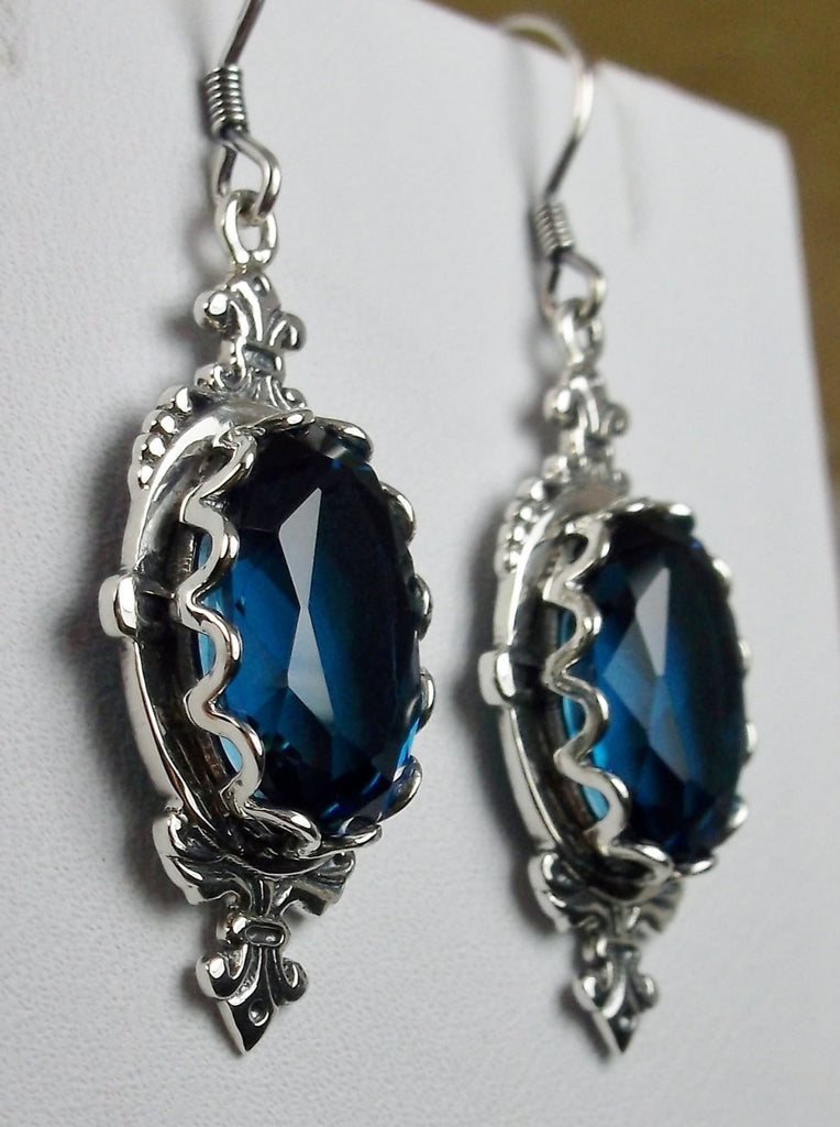 London Blue Topaz Earrings, Sterling Silver Filigree, Victorian Jewelry, Pin Design P18