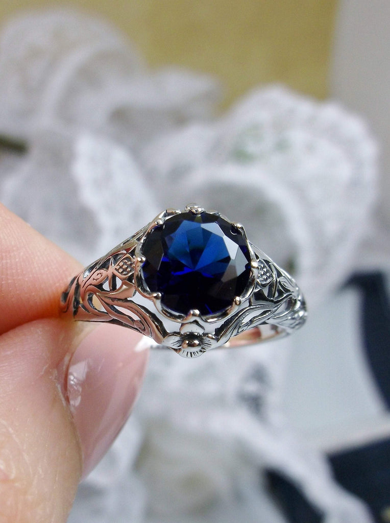 Blue Sapphire Ring, sterling silver floral filigree, daisy design #d66
