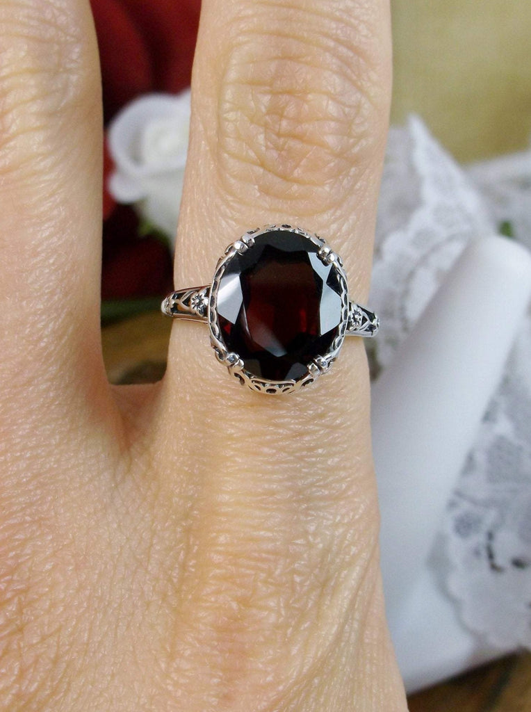 Natural Garnet Ring, 5.5 carat natural oval gemstone, Sterling Silver floral Filigree, Edward design #D70z, top view on finger