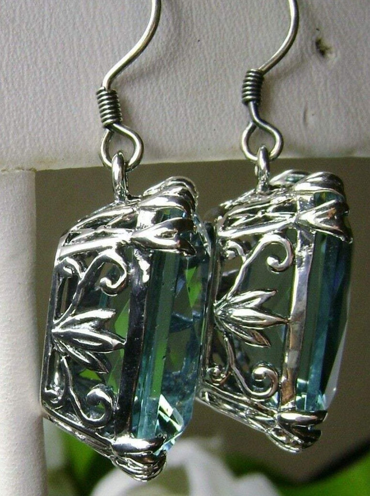 Blue Aquamarine Earrings, Rectangle gem with sterling silver filigree, Art nouveau Jewelry