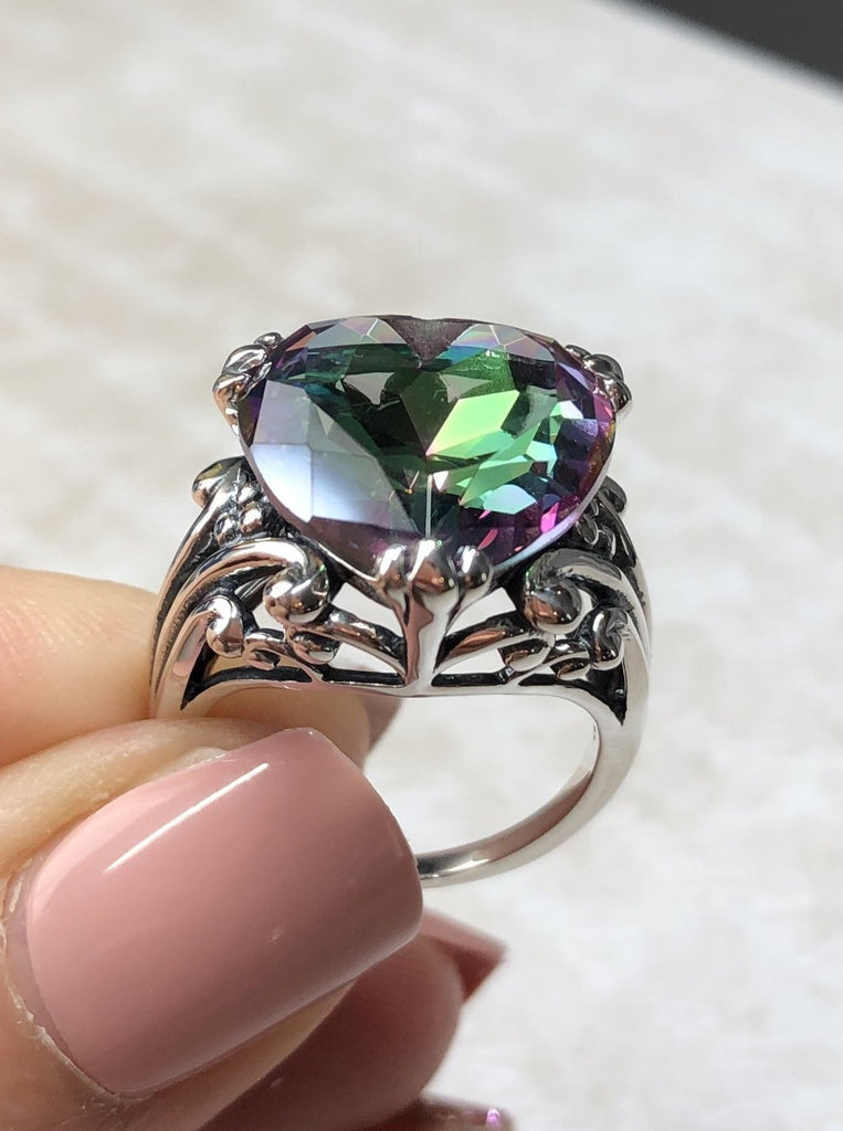 Mystic Topaz ring with a heart shaped gem and gothic style sterling silver filigree