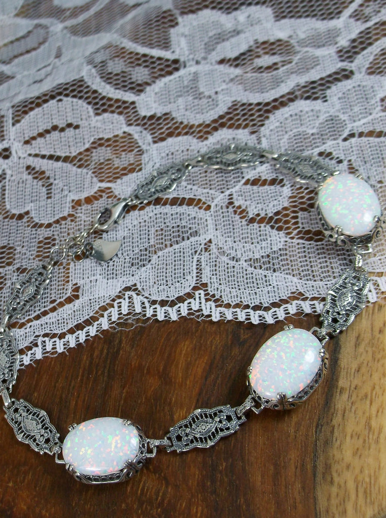 Opal Bracelet, sterling silver filigree, lobster claw clasp, Edwardian Jewelry