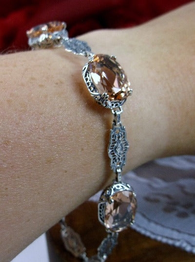 Peach Topaz Bracelet, oval peach gemstone, sterling silver filigree, lobster claw clasp, Edwardian Jewelry