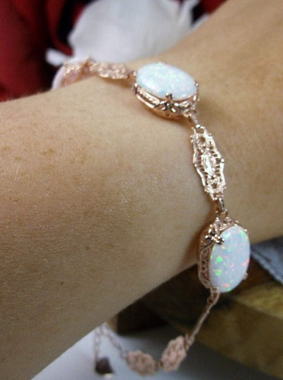 Opal Bracelet, oval gemstones, intricate Rose Gold filigree, lobster claw clasp Edwardian Style Jewelry