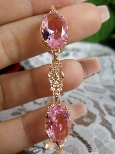 Pink Topaz Bracelet, Rose Gold filigree, oval gemstones, lobster claw clasp, Edwardian Jewelry