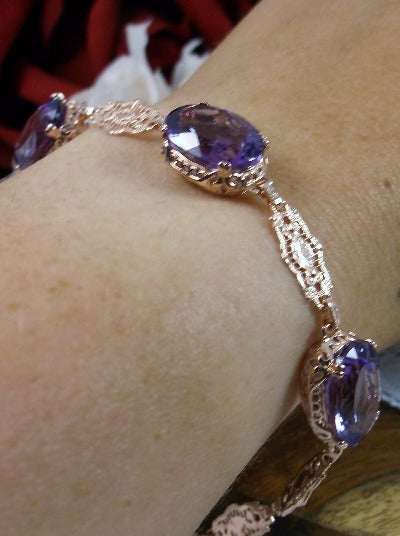 Natural Amethyst bracelet, oval purple amethyst, Edwardian style rose gold filigree, lobster claw clasp