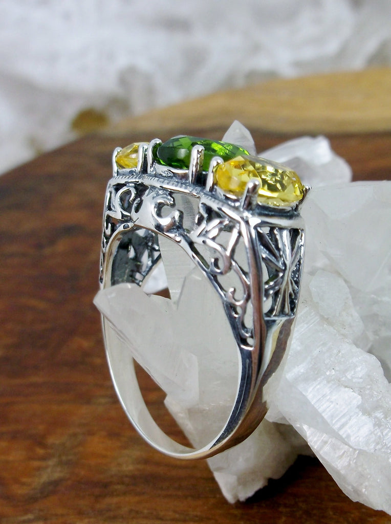 citrine & peridot ring, yellow citrine with central green peridot gem triple three stone art deco style ring with rose gold antique filigree