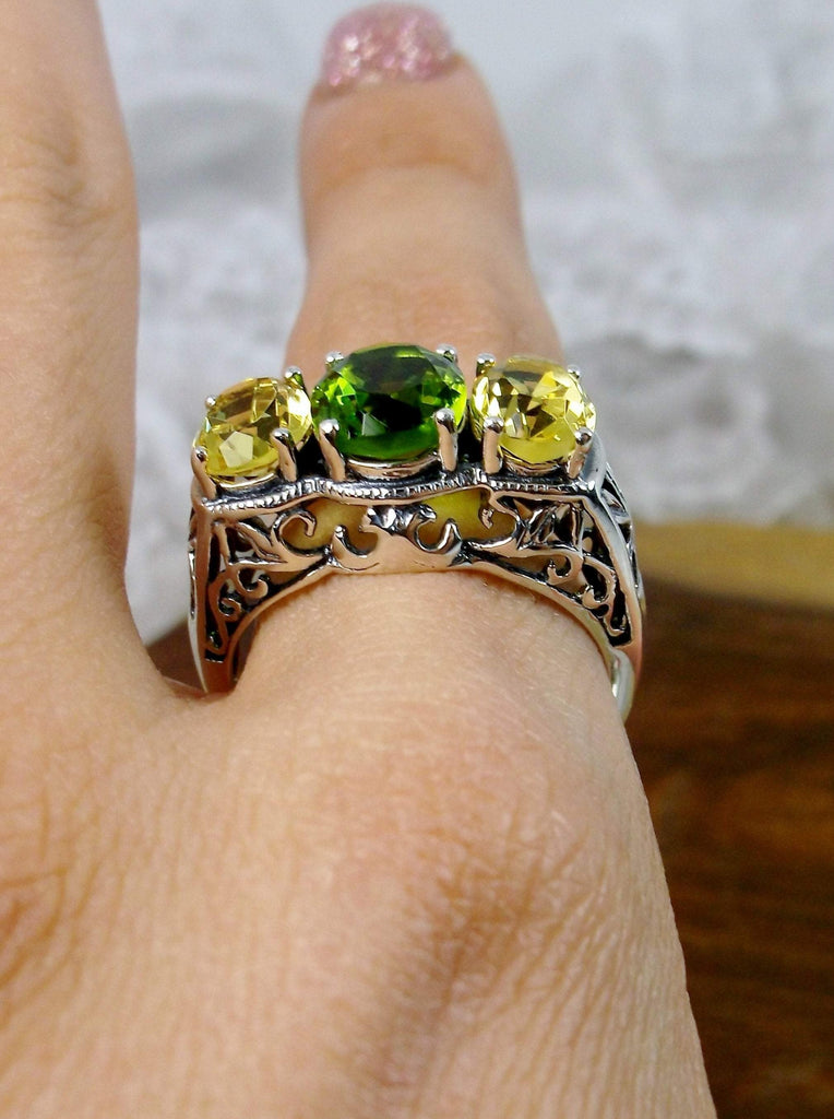 citrine & peridot ring, yellow citrine with central green peridot gem triple three stone art deco style ring with rose gold antique filigree