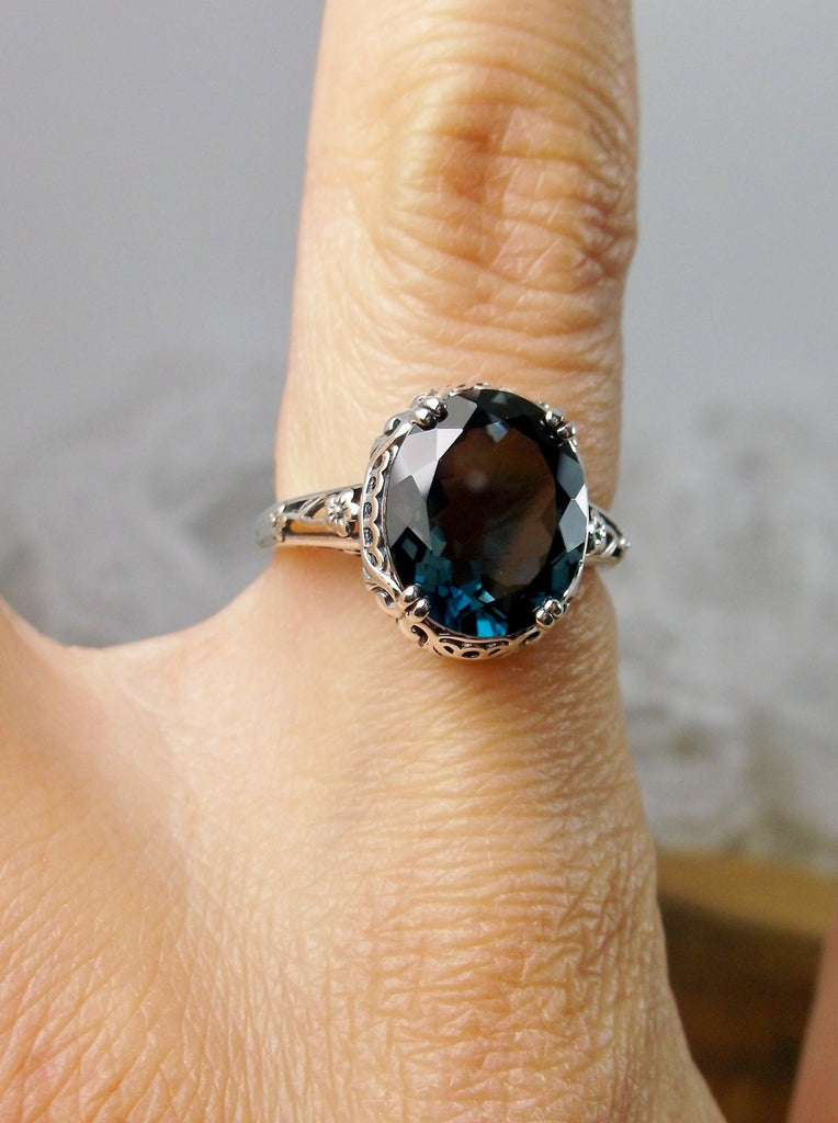 Natural London Blue Topaz Ring,  Natural 5 carat Gem, Sterling Silver floral filigree, Edward design #D70z,  top view on finger