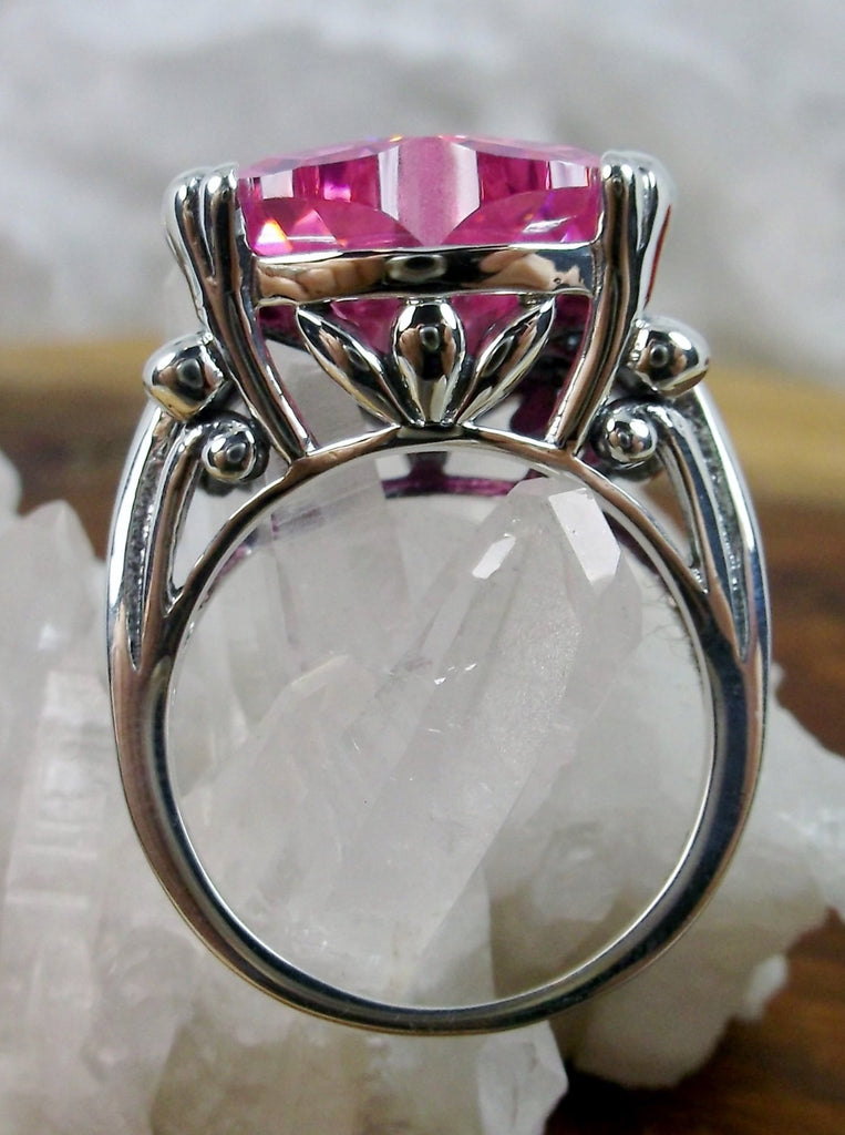 Pink CZ ring with a heart shaped gem and gothic style sterling silver filigree