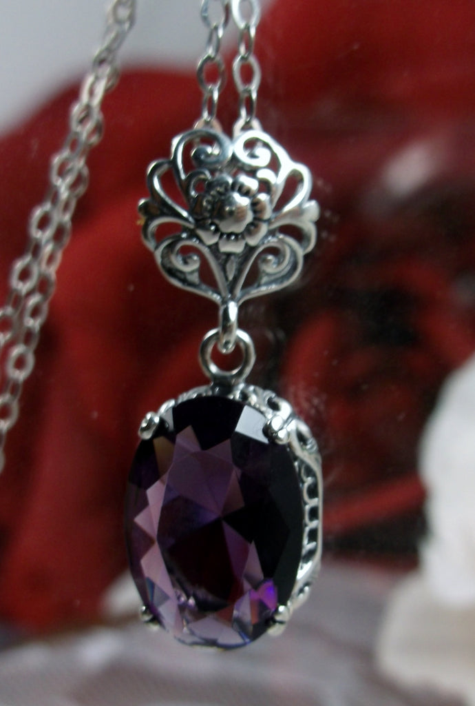 Purple Amethyst Pendant necklace, purple pendant, with a purple oval stone set in floral sterling silver filigree, 4 prongs hold the gem in place, Silver Embrace Jewelry
