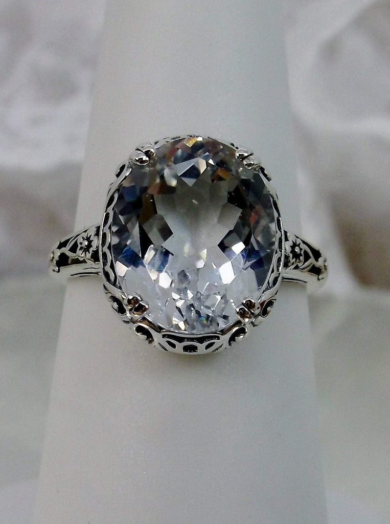 Natural White Topaz Ring, 5 carat oval faceted gemstone,  Sterling Silver Floral Filigree, Edward design #D70z, top view on ring form