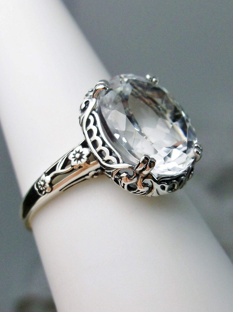 Natural White Topaz Ring, 5 carat oval faceted gemstone,  Sterling Silver Floral Filigree, Edward design #D70z, offset front side view