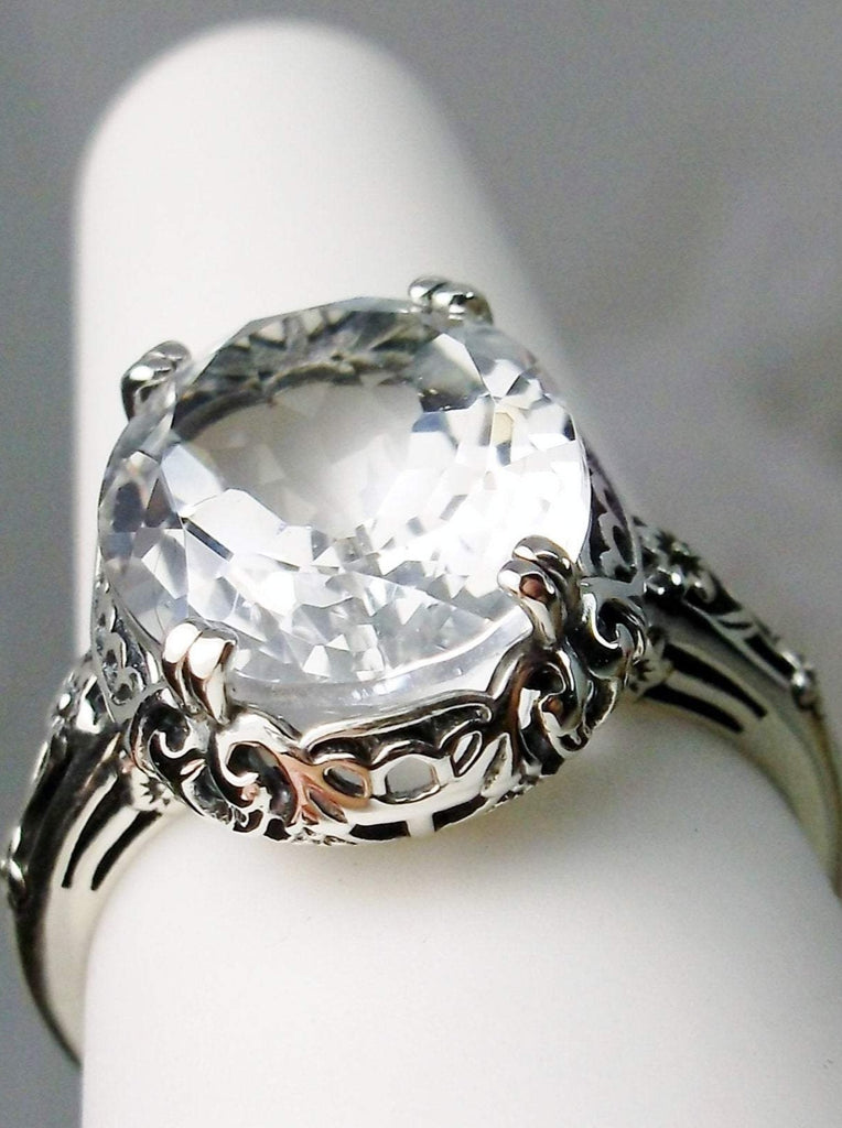 Natural White Topaz Ring, 5 carat oval faceted gemstone,  Sterling Silver Floral Filigree, Edward design #D70z, offset front view