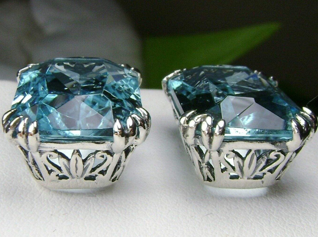 Blue Aquamarine Earrings, Rectangle gem with sterling silver filigree, Art nouveau Jewelry