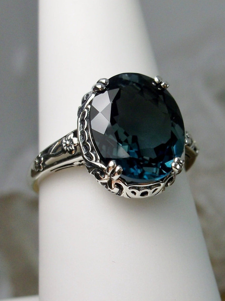 Natural London Blue Topaz Ring,  Natural 5 carat Gem, Sterling Silver floral filigree, Edward design #D70z, offset top view on ring form