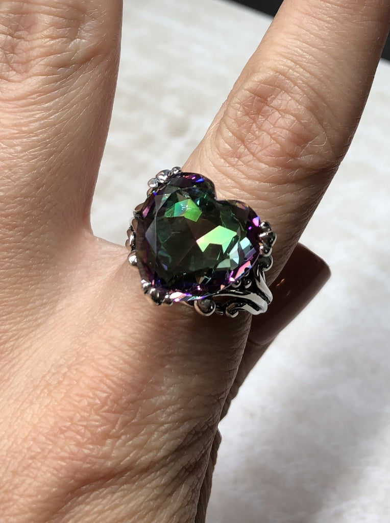 Mystic Topaz ring with a heart shaped gem and gothic style sterling silver filigree