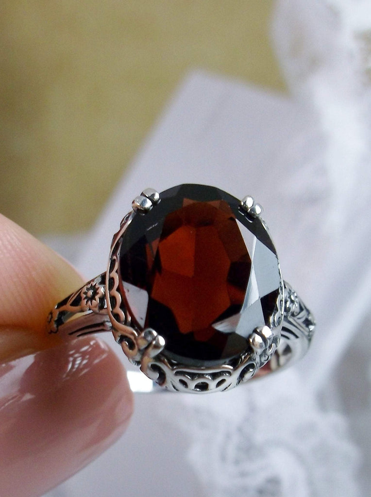 Natural Garnet Ring, 5.5 carat natural oval gemstone, Sterling Silver floral Filigree, Edward design #D70z, top view