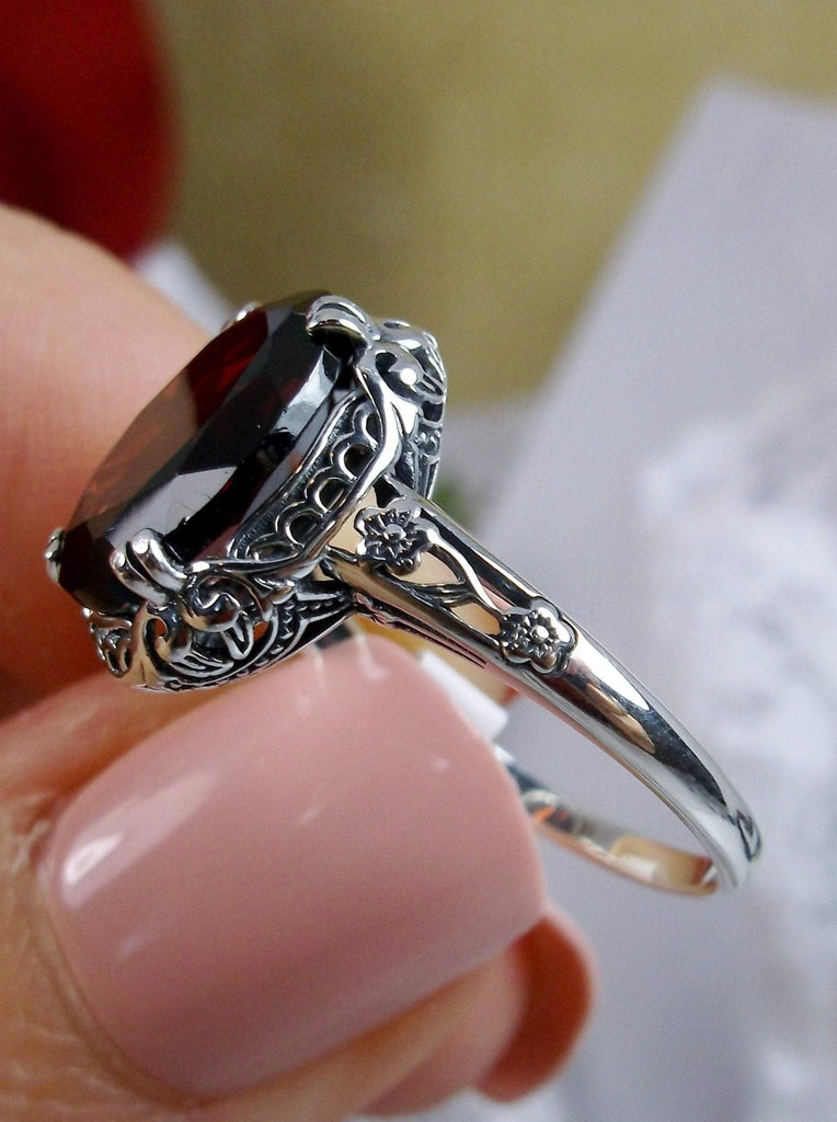 Natural Garnet Ring, 5.5 carat natural oval gemstone, Sterling Silver floral Filigree, Edward design #D70z, side view