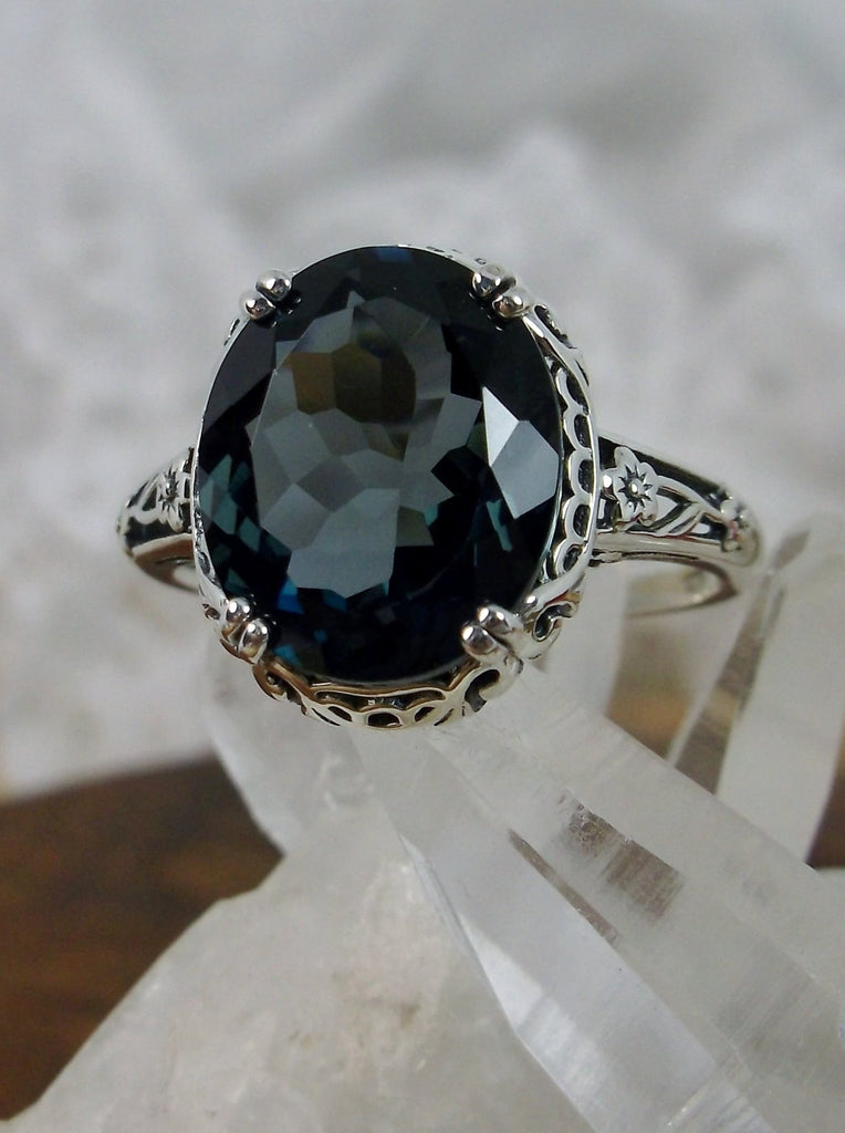 Natural London Blue Topaz Ring,  Natural 5 carat Gem, Sterling Silver floral filigree, Edward design #D70z, top view