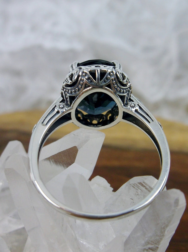 Natural London Blue Topaz Ring,  Natural 5 carat Gem, Sterling Silver floral filigree, Edward design #D70z, back side view on crystal